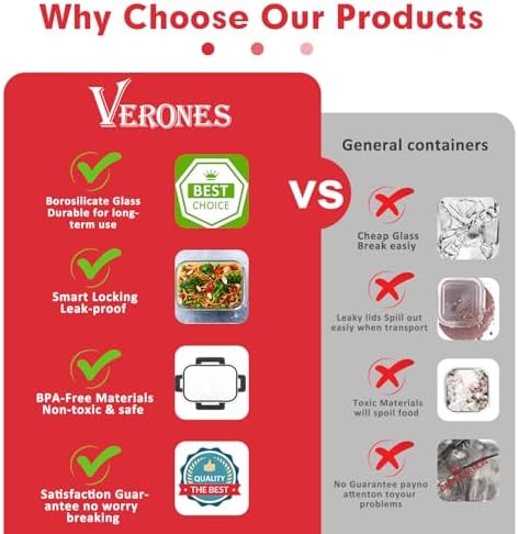 VERONES 30 Pieces Glass Food Storage Containers Set with Lids, Red
