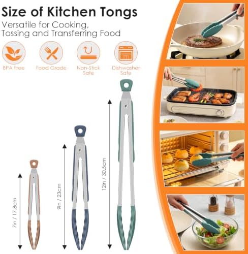 HOTEC Stainless Steel Kitchen Tongs with Silicone Tips, Set of 3-7",9" &12"