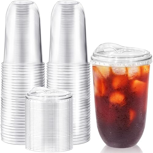 50 Pack 18 oz Clear Plastic Iced Coffee Cups with Strawless Sip Lids