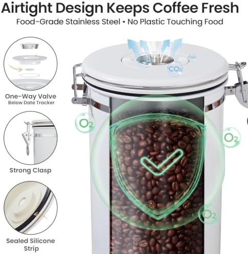 Veken Coffee Canister,39OZ, 2.2lbs,Large Airtight Stainless Steel Container