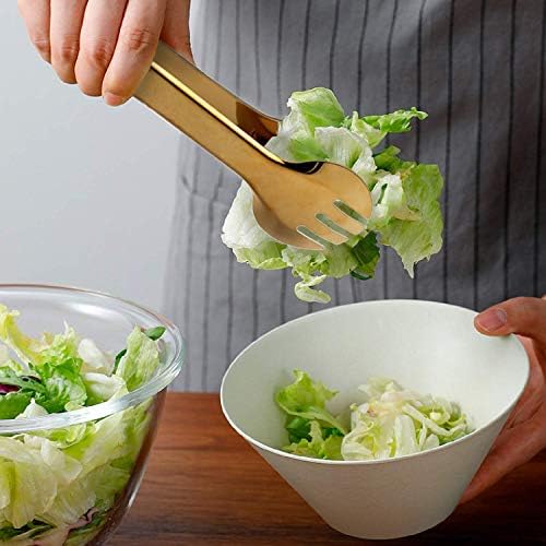 2-Pack 9 Inch Stainless Steel Gold Salad Tongs, Non-slip & Easy Grip Smart Locking Clip Handy Utensil for Cooking, Serving, Barbecue, Buffet, Salad, Ice, Oven