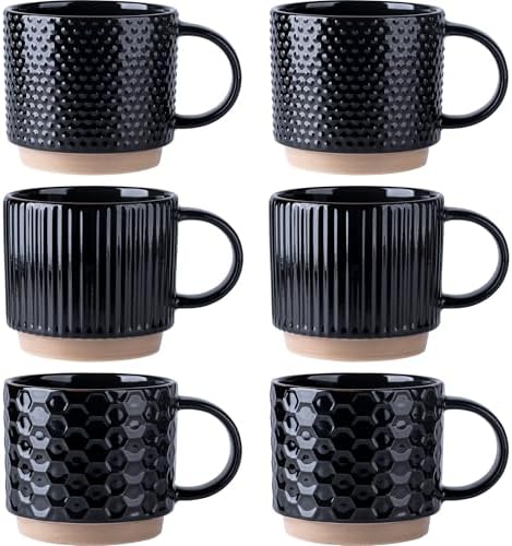GBhome 12 OZ Stackable Coffee Mugs Set of 6, Ceramic Black Coffee Cups Set