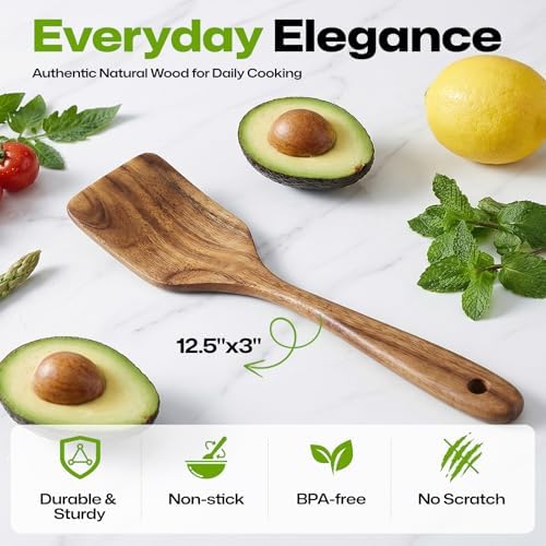 AIUHI 12.5" Teak Wood Spatula for Cooking, Non-Stick Safe Wooden Turner with Comfortable Ergonomic Handle, Easy to Clean & Long-Lasting Flat Frying Spatula, Ideal for Flipping Eggs, Pancakes & Fish