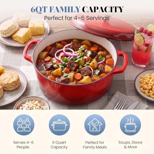 DUMOS Cast Iron Dutch Oven, 6 Quart Pot with Lid, Enameled Heavy Duty Cookware, Oven Safe to 500°F, Perfect for Bread Baking, Stews and Roasting, Moisture Sealing Lid with Dual Handles, Gradient Red