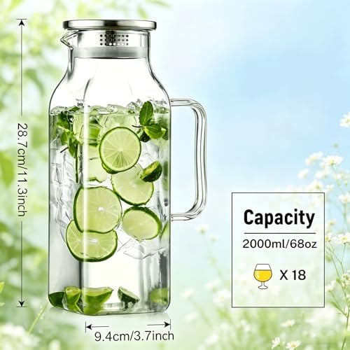 1 Pack 2 Liters/68 oz Square Glass Pitcher with Lid and Handle, Glass Carafe for Hot/Cold Water, Large Iced Tea Pitcher for Coffee, Juice