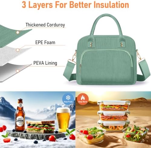 Lunch Bag Large Insulated Lunch Box for Women Adult Cute Pink Strawberry Lunchbox Corduroy Lunch Bags Boxes Pail with Shoulder Strap for Work (Light green)