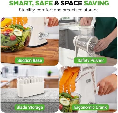 NutriChef 5 in 1 Cheese Grater & Shredder | 5 Different Blades for Thin, Thick, Julienne Strips, Wavy, & Straight Strips | Includes Hand Crank, Strong Suction Base & Storage Container | White