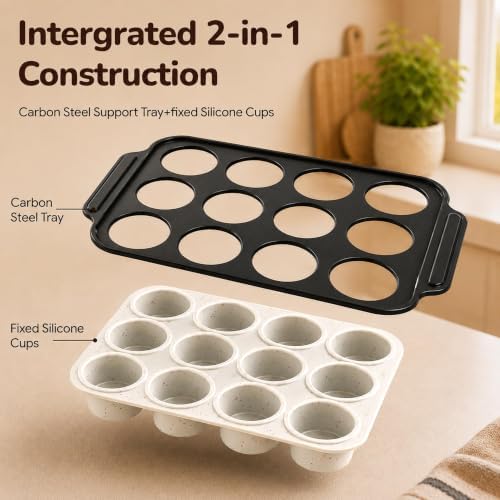 2 Pack Silicone Muffin Pans for Baking, 12-Cup Muffin Tin with Metal Frame