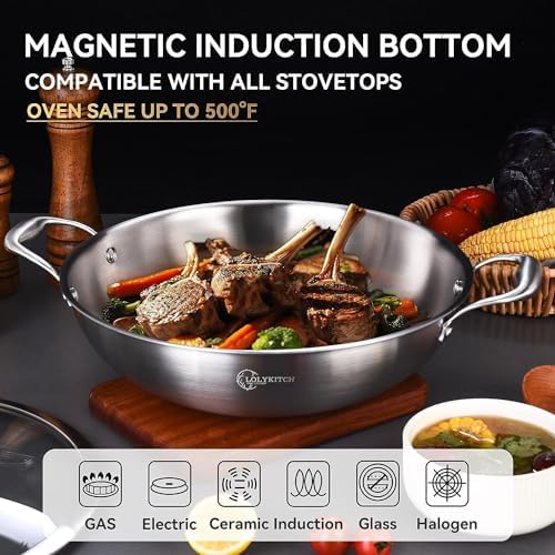 LOLYKITCH 13-Inch Stainless Steel Wok with Lid | 5.5-Quart | Dual Handles