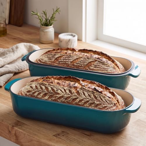 EDGING CASTING Enameled Cast Iron Loaf Pan with Lid, Bread pan, Dutch Oven Bread pan for Homemade Sourdough Bread Baking, 12.5x5.5 inch, 5qt, Darkcyan