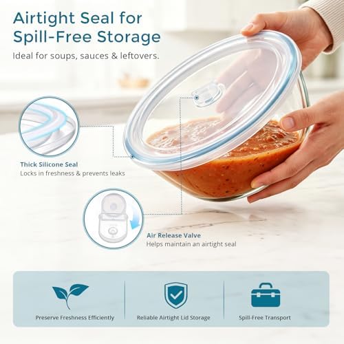 E-far Glass Mixing Bowls with Airtight Lids Set for Cooking Prep Serving