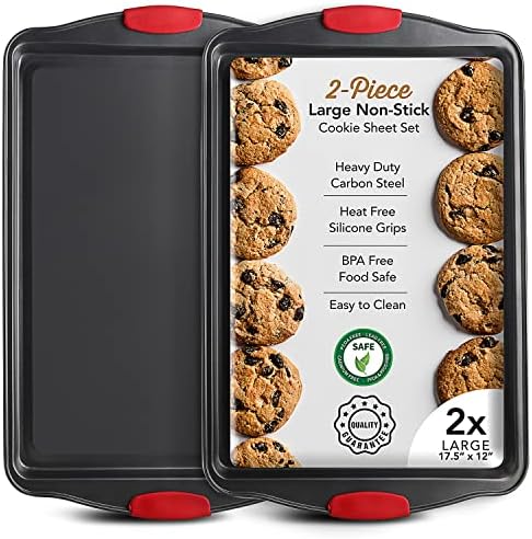 Eatex Nonstick Baking Sheet Set, 2-Piece Baking Pans Set with Silicone Handles, Carbon Steel Cookie Sheets for Baking Commercial Grade Quality Oven Tray, Large Half Sheet Pans for Baking
