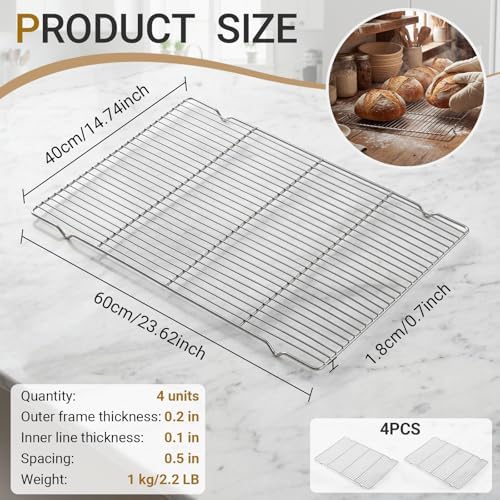 Lounsweer 4 Pcs Cooling Racks, 24L X 16W X 1H Stainless Steel Wire Rack for Baking Sheet, Large Cookie Cooling Rack, Oven Safe Cooking Racks for Sheet Pan, Dishwasher Safe, Full Size