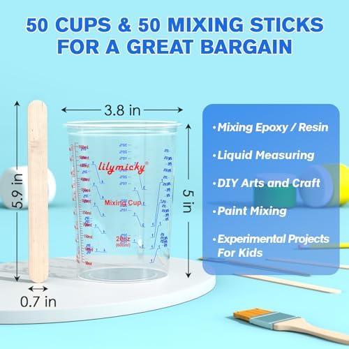 50 Pack Plastic Mixing Cups, 20 oz Measuring Cups with 50 Mixing Sticks
