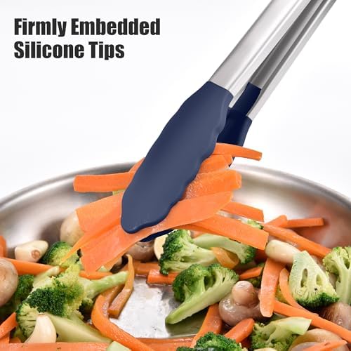 Doosu Kitchen Tongs with Silicone Tips for Cooking Serving (12in, Navy)