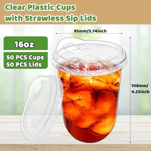 50 Pack 16 oz Clear Plastic Iced Coffee Cups with Strawless Sip Lids