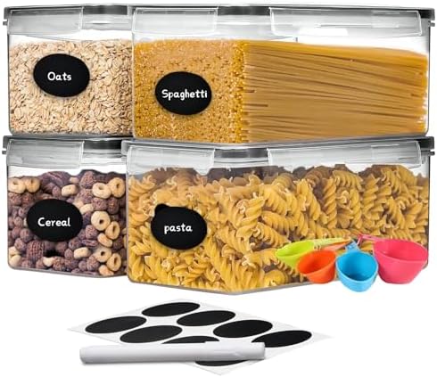 4pc 3.2L Large Airtight Plastic Canisters with Lids, Cups & Labels