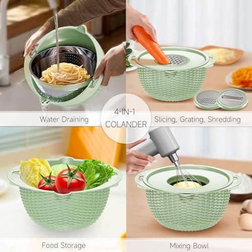 4-1 Strainer with Bowl & Spoons Set - Strainers and Colanders - Colanders for kitchen(Patented) - Pasta Strainer with Upgraded Graters & Spoons for Fruit Veggie Kitchen Essentials, Green