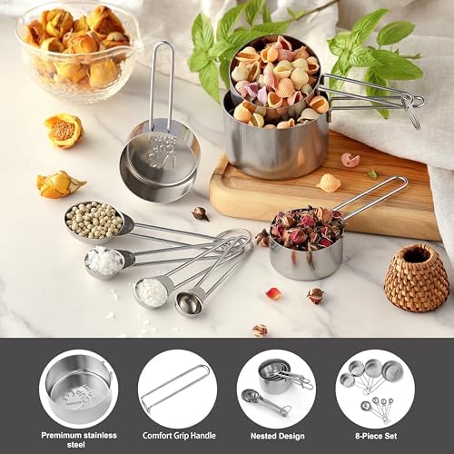 8PCS Measuring Cups, OHOLA Stainless Steel Measuring Cups and Spoons Set, Great for Cooking and Baking