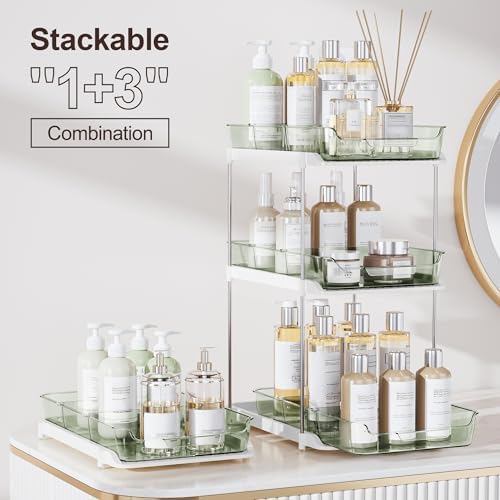 Delamu 2-Tier Multi-Purpose Bathroom Under Sink Organizers and Storage, Stackable Kitchen Pantry Organization, Pull Out Medicine Cabinet Organizer with Movable Dividers, Light Green, 2 Pack