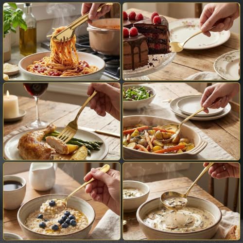 12 Pcs Gold Serving Utensils Set Include Stainless Steel Large Serving Spoons Slotted Spoons Forks Soup Ladle Pie Server - Metal Utensils for Parties Buffet Catering, Dishwasher Safe
