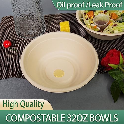 32oz Disposable Salad Bowls 150Pack, Big Paper Bowls, Large, Heavy-Duty, Eco-Friendly, Bulk Pack, Compostable Bowls, Biodegradable Made of Sugar Cane Fibers,Perfect For Salad