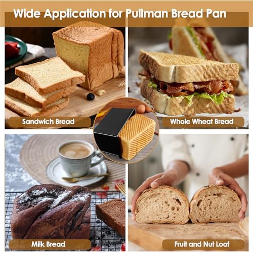 1lb Bread Pan with Dough Scraper Cutter, 8.4 X4.8inch Black Bread Loaf Pan, Rectangular Covered Metal Pullman Loaf Pan with Lid for Homemade Sandwich Bread