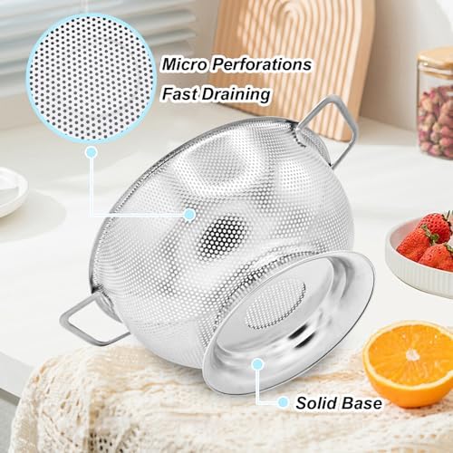 304 Stainless Steel Colander, Micro-Perforated 3-Quart Strainer with Base, Dishwasher Safe. Great for Pasta, Noodles, Vegetables & Fruits