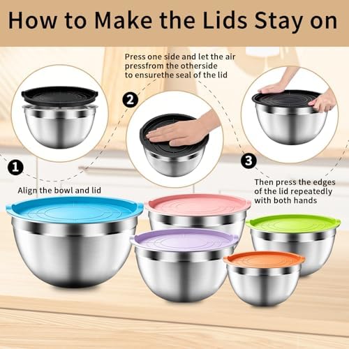 Mixing Bowls with Airtight Lids Set, 5 PCS Stainless Steel Colorful