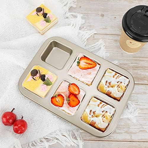 Beasea Mini Brownie Pan, 2 Pack 6 Cavity Gold Square Inidividual Brownie Muffin Cake Cutter Pan Mini Cheesecake Cupcake Bakeware Carbon Steel Brownie Baking Tray Bakeware for Oven Baking