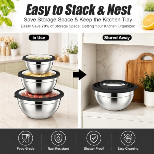 P&P CHEF Stainless Steel Mixing Bowls with Visible Airtight Lids, Black
