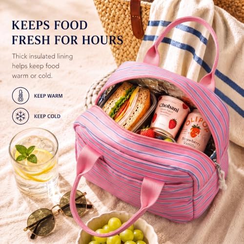 LOVELYWIND Lunch Box for Women, Insulated Lunch Bag, Pink Striped Tote