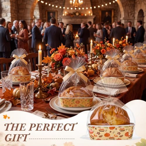 80 Sets Fall Paper Loaf Pan 6.3 x 2.2 x 2.2 Inch Disposable Mini Cake Pan with Clear Plastic Bags and Ties Rectangular Baking Mold for Thanksgiving Autumn Bread Brownies
