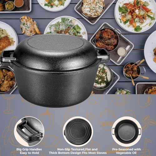 TLGREEN Cast Iron Dutch Oven 5.1QT Pot 1.9QT Skillet Lid Silicone Holders