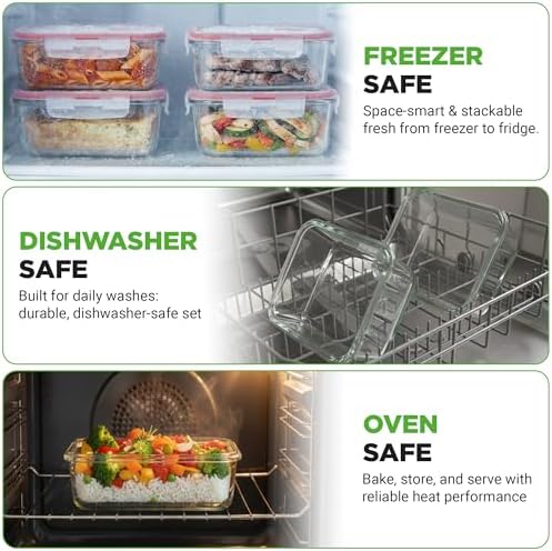 Nutrichef 10-Piece Glass Food Containers - Stackable Superior Glass Meal-prep Storage Containers, Newly Innovated Leakproof Locking Lids w/Air Hole, Freezer-to-Oven-Safe (Red)