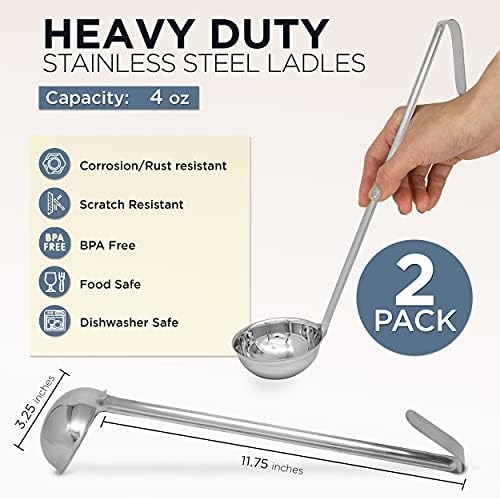 Fit Meal Prep Stainless Steel Soup Ladle - One-Piece Sauce Spatula with Hook Handles, Commercial Grade Serving Spoon, Kitchen Tool for Restaurant or Home Cooking, 13.75” Long - [Pack of 2] 4 Oz