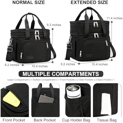 MAPLELILY Lunch Box for Men Women - Double Deck Insulated Lunch Bag, Large Leak Proof Tote Cooler, Wide Open Dual Compartment Lunch Bags with Shoulder Strap, For Work Picnic Hiking Beach, Black