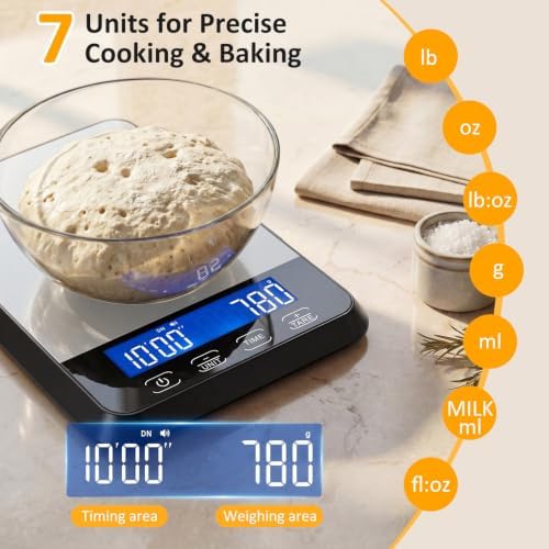 Letron Food Scale, 33 lb / 0.1 oz High Precision Kitchen Scale for Sourdough Bread, Built-in 7 Units, Timing & Tare Function, Rechargeable Digital Kitchen Scale for Food, Baking, Cooking, White