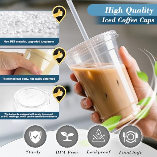 Ginkgo 100 Pack 24oz Clear Plastic Cups with Lids and Straws