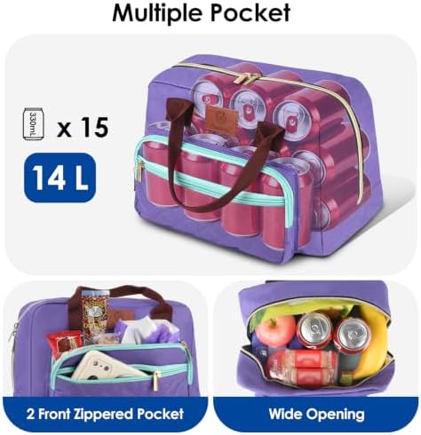 Insulated Lunch box for Women,Leakproof Quilted Thermal Lunch Bag, 14L Large Capacity Lunch Tote Bag Lightweight LunchBox Cooler for Work, School, Picnic or Travel with 2 Front Pocket -Purple