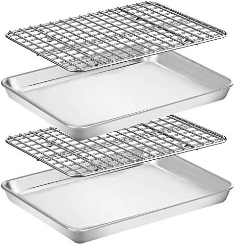 Baking Sheet with Rack Set [2 Pans + 2 Racks], Wildone Stainless Steel Cookie Sheet Baking Pan Tray with Cooling Rack, Size 9 x 7 x 1 Inch, Non Toxic & Heavy Duty & Easy Clean