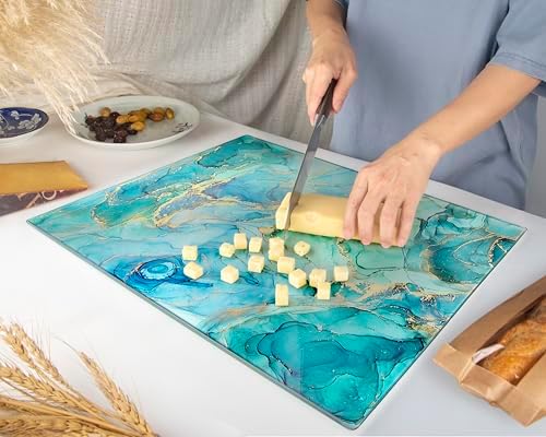 Kitchenville Glass Cutting Board 20”x16”: Tempered Glass Kitchen Counter Protector - Durable- Scratch-Resistant, Heat-Proof - Design 9 - Teal Ocean