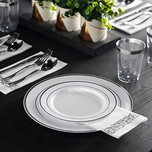 100 Silver Rim White Plastic Plates Set, 10 Inch 7 Inch Combo Pack 50 Each