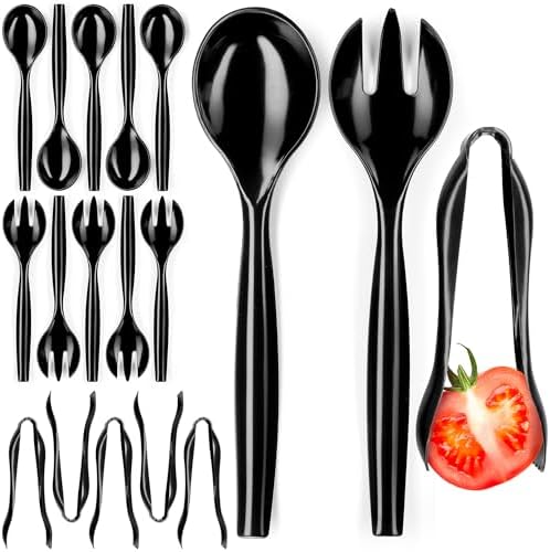 18 Pcs Black Plastic Serving Utensils Set – Heavy Duty Disposable Serving Spoons, Forks & Tongs | 10″ Serving Spoons for Buffet, Party, Catering, Wedding | Reusable, BPA-Free