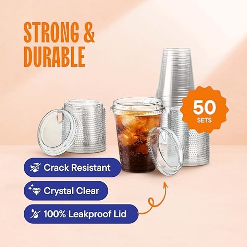 16 oz Clear Plastic Cups with Strawless Sip-Lids [50 Sets] PET Crystal Clear Disposable 16oz Plastic Cups with Lids - Crystal Clear, Durable Cup - BPA Free + Crack Resistant, for Coffee, Juice, Shakes