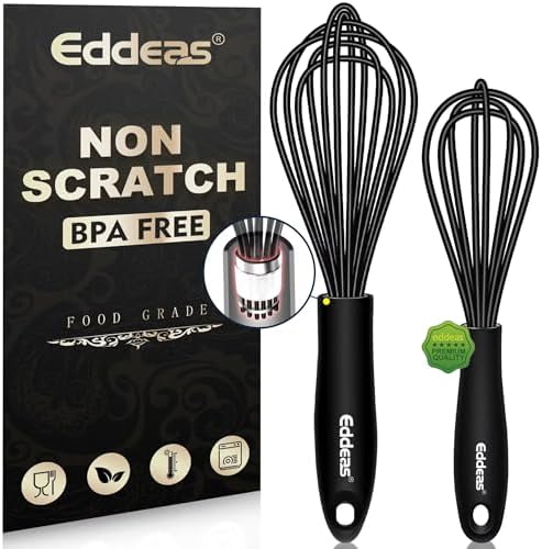 Eddeas Mini Silicone Whisk, Small Silicone Whisk 7+9in, BPA free Non Scratch Coated Protect your Ceramic Pots and Pan.Perfect for Whisking, Beating, Mixing.Black