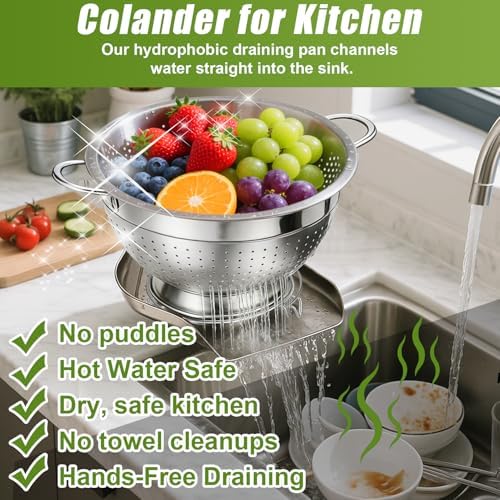 Palksky Stainless Steel Colander Set with Handles & Self-Draining Base, 3 Sizes (7”, 9”, 11”), Heavy Duty Pasta Strainer, Rice & Vegetable Strainer, Countertop Draining System