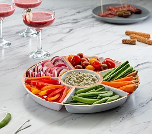 Plasticpro 6 Sectional Round Plastic Serving Tray/Platter (2, White & Rose Gold)