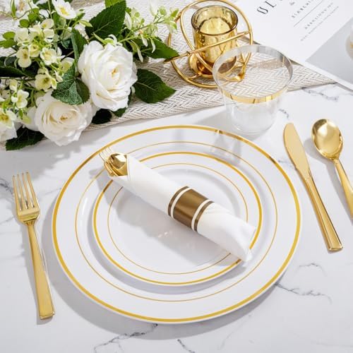 WELLIFE Disposable Plates & Gold Silverware Set, 350 Pieces for 50 Guests
