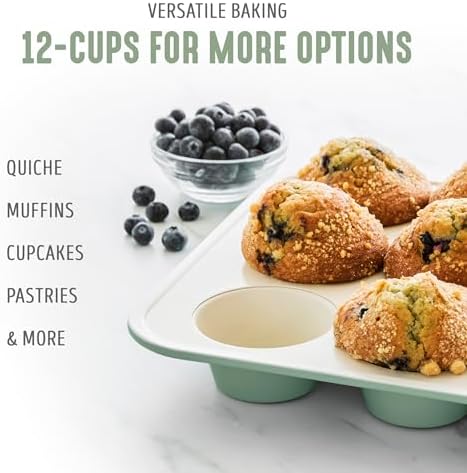 GreenLife 12-Cup Muffin Pan, PFAS-Free Healthy Nonstick Baking Tray, 11.4" x 1.9" x 15.9", Durable Ceramic Bakeware, Cupcakes, Egg Bites, Tarts, Brownies, Sage, (Pack of 6)